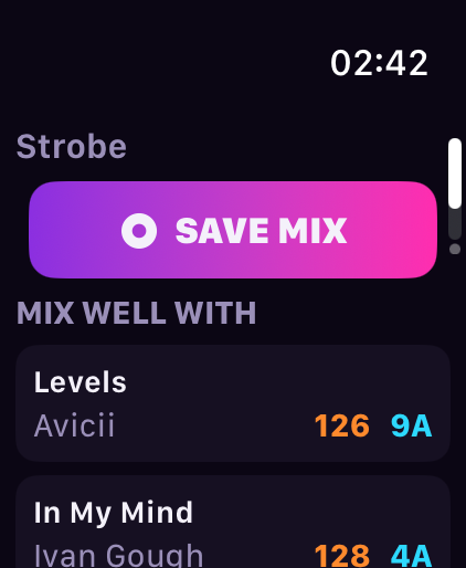 MixBuddy on Apple Watch: the current track, a big SAVE MIX button, and next-track picks with BPM and key